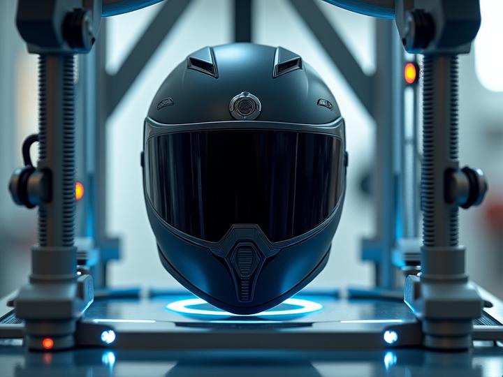 Close-up of a helmet undergoing rigorous impact testing in a lab setting, showcasing precision and safety standards.