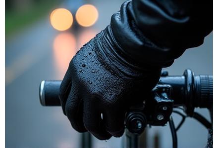Waterproof motorcycle gloves shedding rain drops, with a wet road in the background.