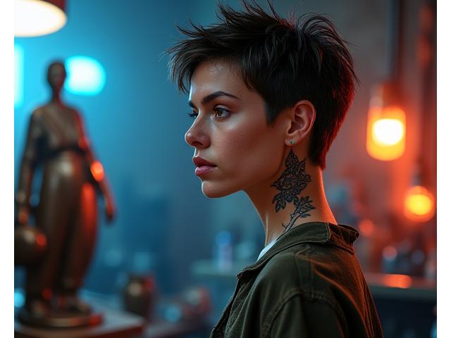 Profile shot of artist Elara 'Vega' Thorne, surrounded by abstract art and welding equipment