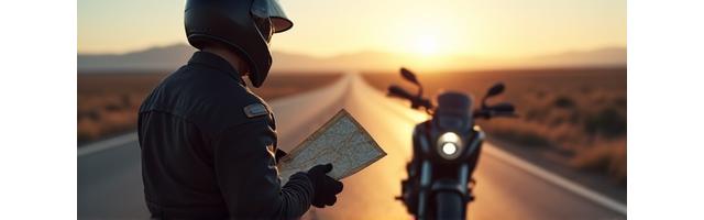 Rider looking at a map while wearing full touring gear next to a motorcycle.