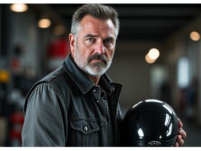 Portrait of Jake 'The Ace' Miller, a rugged motorcyclist with a confident smile, wearing a leather vest and a helmet casually held under his arm.